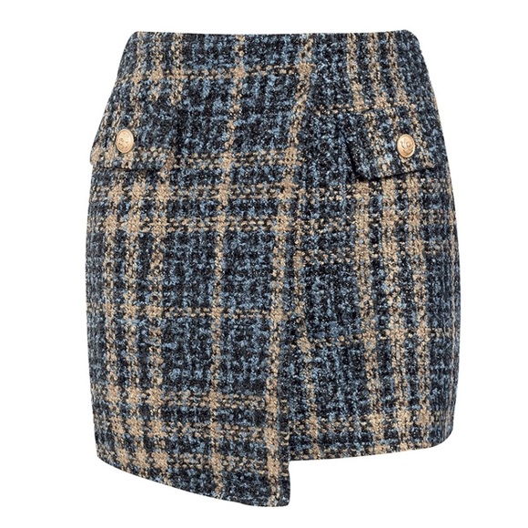 CLEARANCE Blue Tan Tweed Shimmer Button Holiday Mini Skirt - Picture 5 of 6